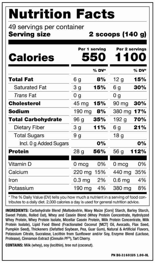  Información Nutricional Mutant Mass 15 Libras (6.8 kg) Muscle Mass Gainer