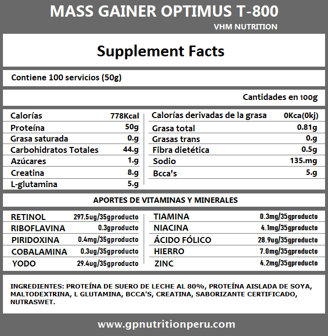 Mass Gainer Optimus T-800 Información Nutricional VHM Nutrition